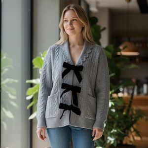 NWT JOIE Gray Cable Knit Open Front Cardigan Velvet Bow Tie Detail Wool Oversize